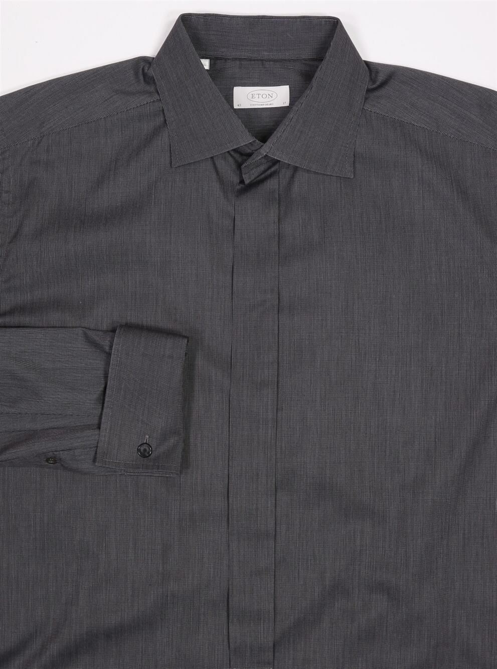 Eton Current Gray Black Woven French Cuff Cotton Dress Shirt (43) 17-35